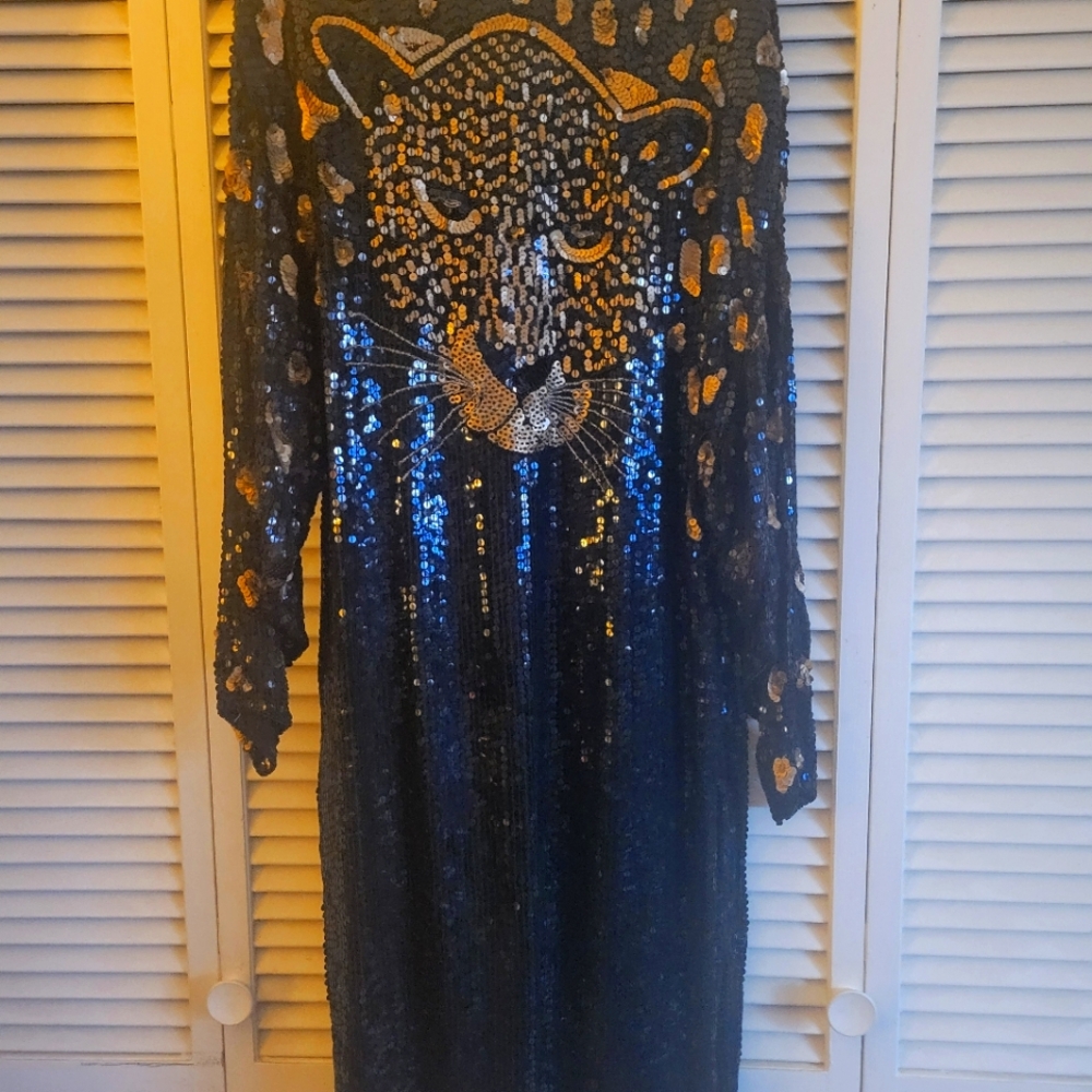Jewel Queen Sequin Dress Women Size 10 Gold Black Lepard Face Hollywood Regency